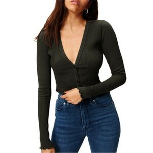 Good American lettuce edge ribbed black button up cardigan size 0 (XS)